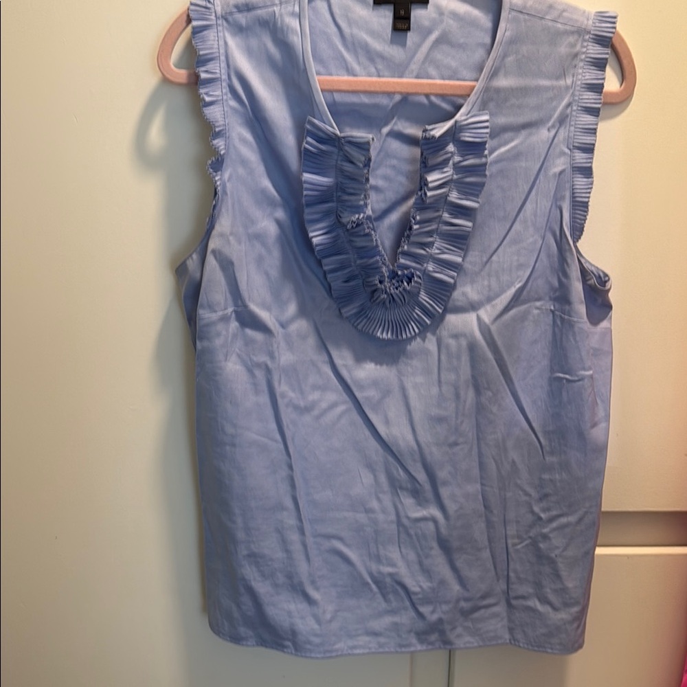 J. Crew Blue Ruffled Sleeveless Blouse with Bib Collar